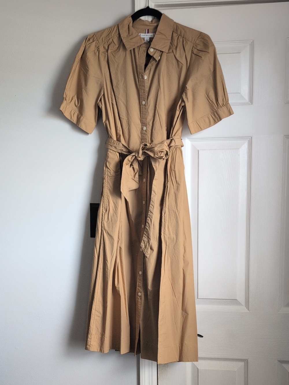 Tommy Hilfiger Beige Tan Button-Front Midi Shirt Dress with Waist Tie